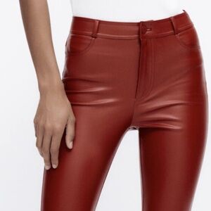Zara Faux Leather Red Pants with Side Ankle Zippers Womens Size M